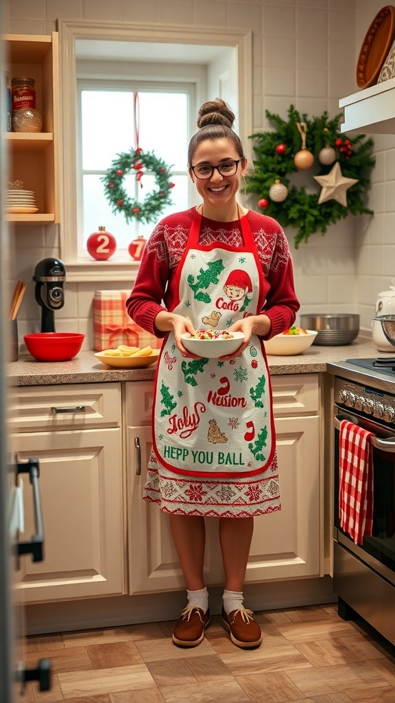 A person in a festive apron and sweater baking Christmas cookies in a decorated kitchen.
